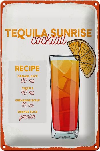 Plaque en tôle recette Tequila Sunrise Cocktail Recipe 20x30cm 1