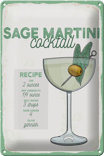 Recette de signe en étain, recette de Cocktail à la sauge Martini, 20x30cm 1