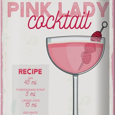 Cartel de chapa receta Receta de cóctel Pink Lady 20x30cm