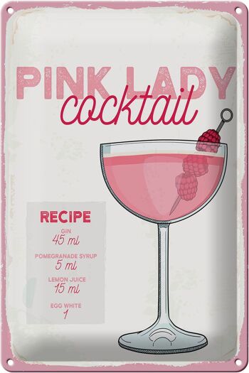 Plaque en tôle recette Pink Lady Cocktail Recipe 20x30cm 1