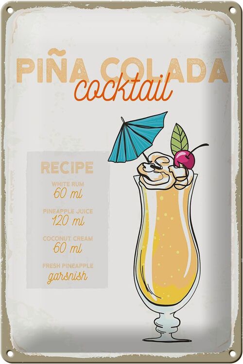 Blechschild Rezept Pina Colada Cocktail Recipe 20x30cm