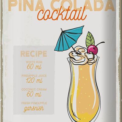 Targa in metallo Ricetta Pina Colada Cocktail Ricetta 20x30cm