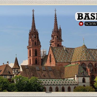 Cartel de chapa viaje Basilea Suiza Münster Iglesia 30x20cm