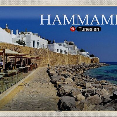 Cartel de chapa de viaje Hammamet, Túnez, playa del mar, 30x20cm