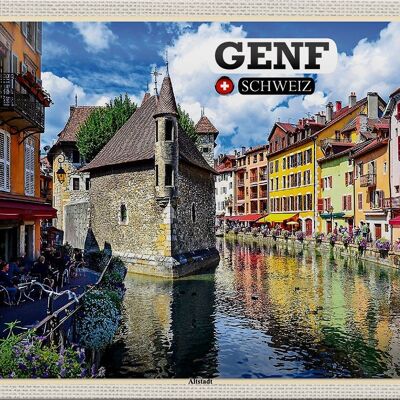 Cartel de chapa de viaje Ginebra Suiza casco antiguo río 30x20cm