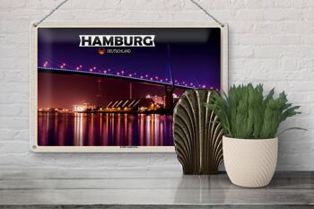 Plaque en tôle villes Hambourg Köhlbrandbrücke nuit 30x20cm 3