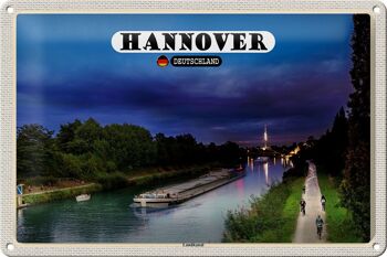 Panneau en étain villes Hanovre Land Canal bateaux nuit 30x20cm 1