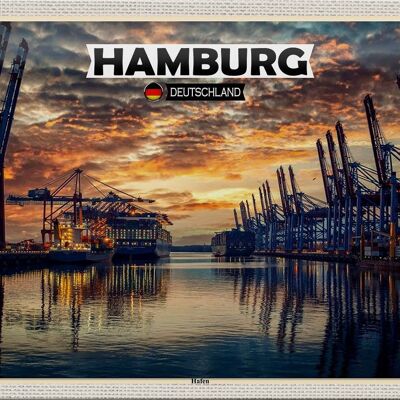 Cartel de chapa ciudades Hamburgo puerto atardecer 30x20cm