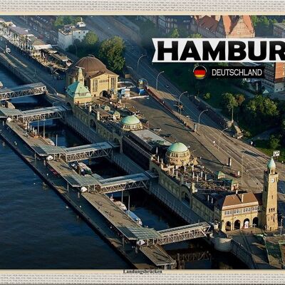 Cartel de chapa ciudades Hamburgo vista de Landungsbrücken 30x20cm