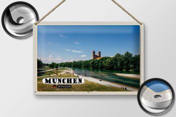 Plaque en tôle villes Munich château Isar rivière 30x20cm 2