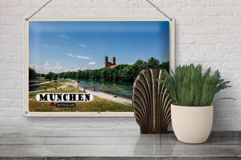 Plaque en tôle villes Munich château Isar rivière 30x20cm 3