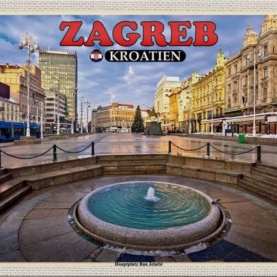 Cartel de chapa de viaje, 30x20cm, Zagreb, Croacia, plaza principal, Ban Jelacic