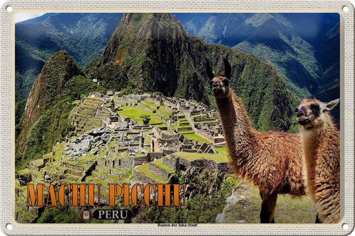 Blechschild Reise 30x20cm Machu Picchu Ruinen der Inka-Stadt Lamas