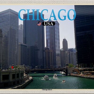 Blechschild Reise 30x20cm Chicago USA Chicago River Fluss Hochhäuser
