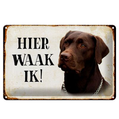 Targa in metallo con scritta 30x20 cm Dutch Here Waak ik Labrador marrone