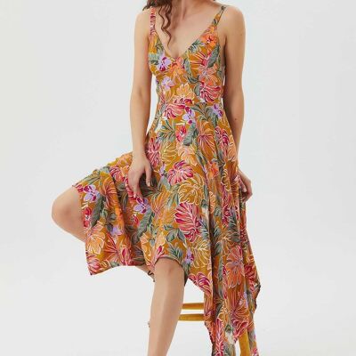 Asymmetrisches Bohemian-Kleid mit V-Ausschnitt, Senfgelb