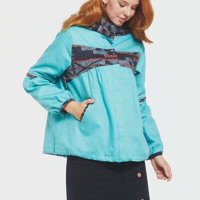 Women's Coat with Hood and Ethnic Pattern Turquoise