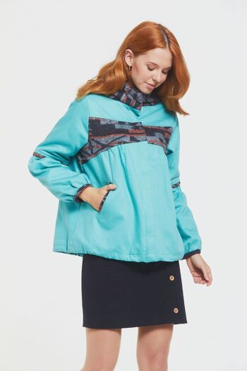 Manteau Femme à Capuche et Motif Ethnique Turquoise 1