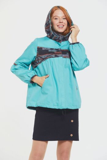 Manteau Femme à Capuche et Motif Ethnique Turquoise 3