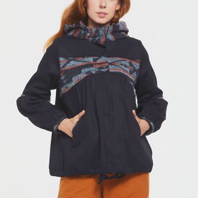 Women's Coat with Hood and Ethnic Pattern Black
