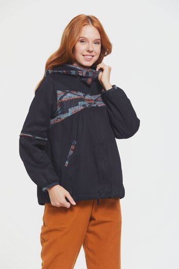 Manteau Femme à Capuche et Motif Ethnique Noir 3