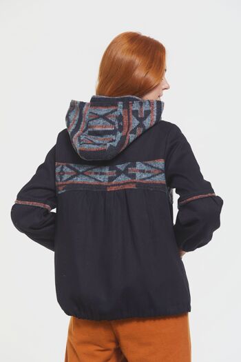 Manteau Femme à Capuche et Motif Ethnique Noir 4