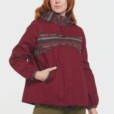 Women's Coat with Hood and Ethnic Pattern Red
