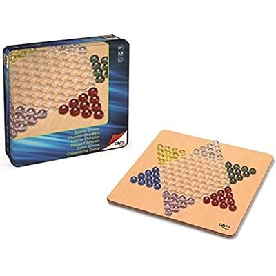 Chinese Checkers Wood Metal Box - Traditional Board Game