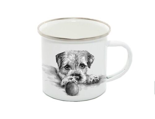 Enamel Mug 12oz, Border Terrier, Murray, Monochrome