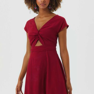 V Neck Low Sleeve Short Dress Dark Red