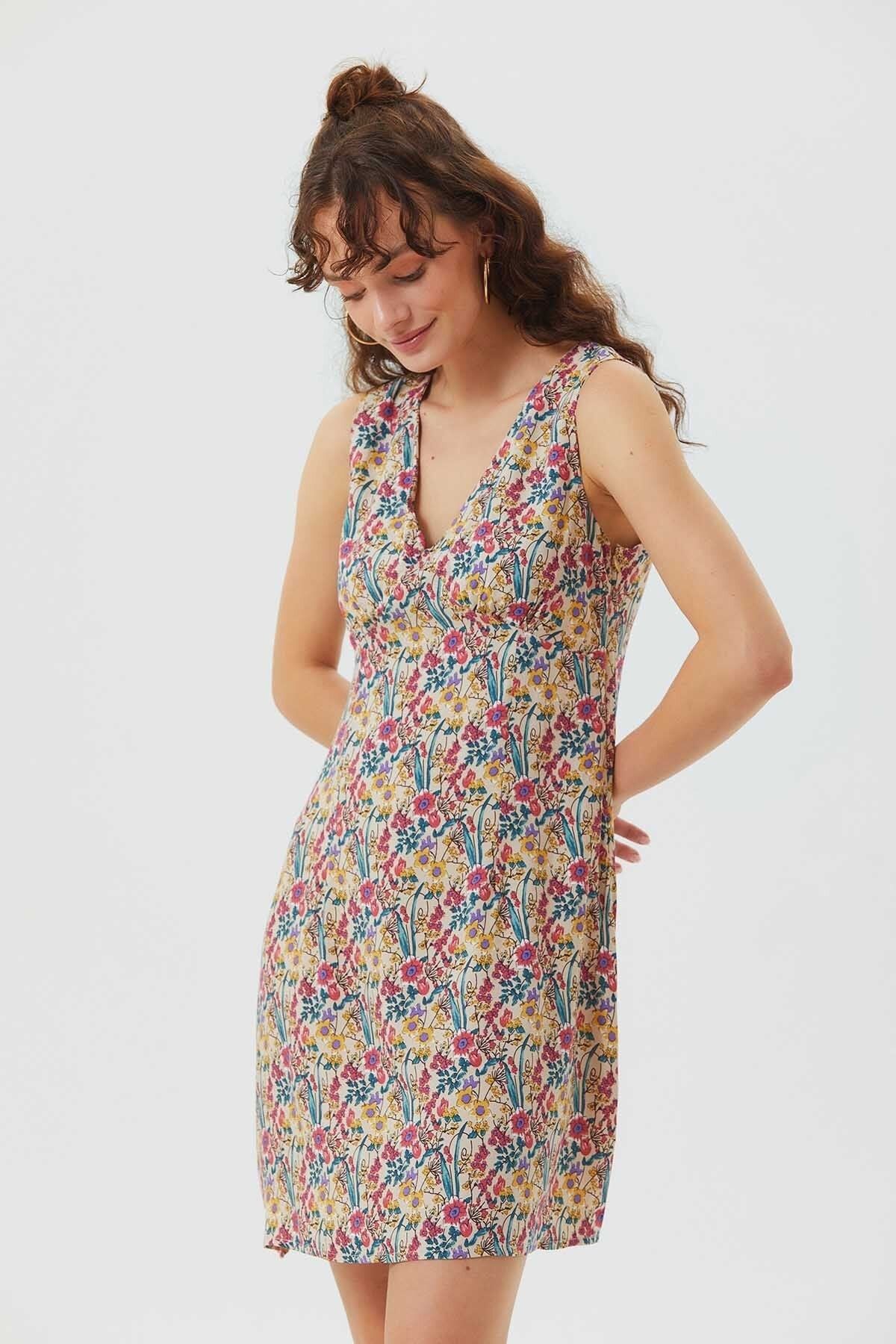 Mini Robe Florale Sans Manches Beige