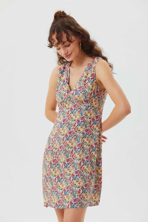 Sleeveless Mini Floral Dress Beige