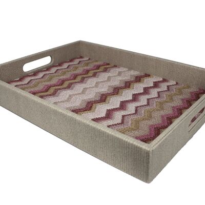Tray rectangular pink patterned zigzag with handles