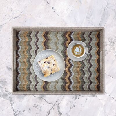 Tray rectangular brown patterned zigzag with handles