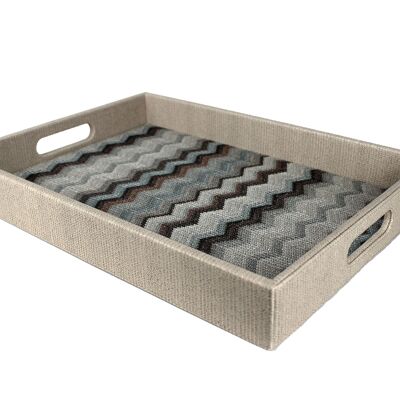 Tray rectangular blue grey brown zigzag with handles