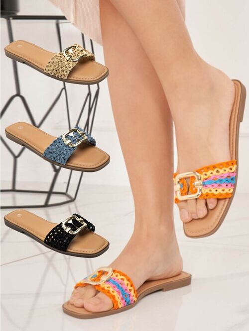NETTED BUCKLE DETAIL FLAT SANDALS