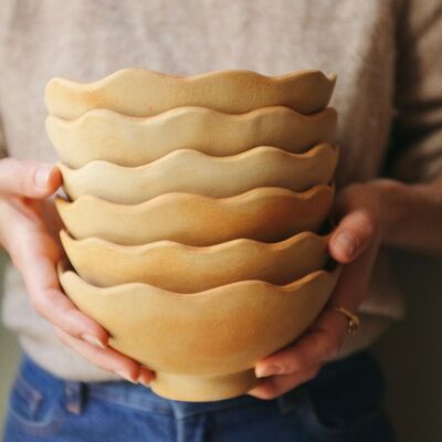 Handmade ceramic bowls with waves