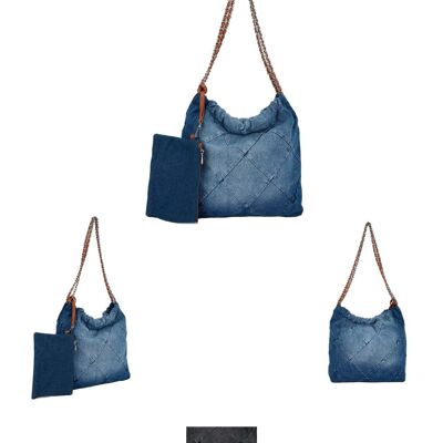 Cotton Denim Bag with 2 Long Handles and Extra Pocket