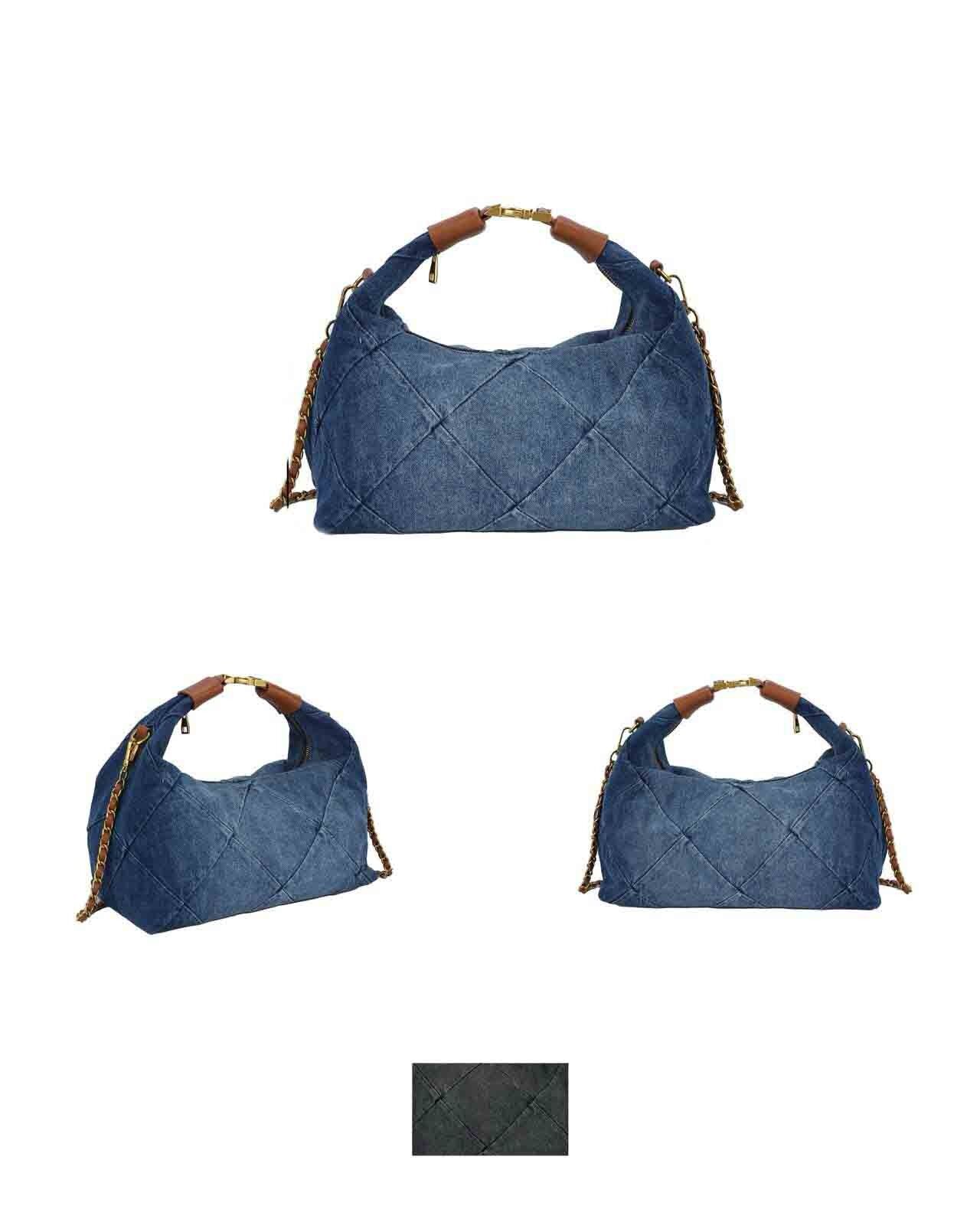 Borsa in denim di cotone con gancio e manico lungo a catena