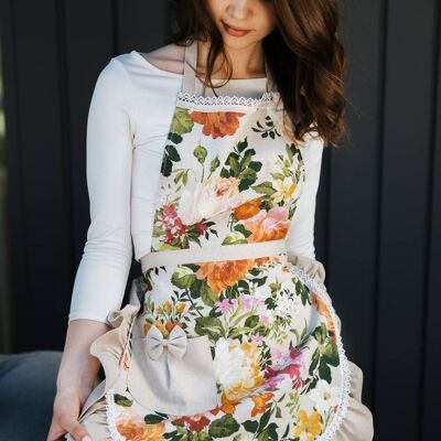 Ladies Apron with Ruffles, Poly-cotton Mix, Printed | Flower Big