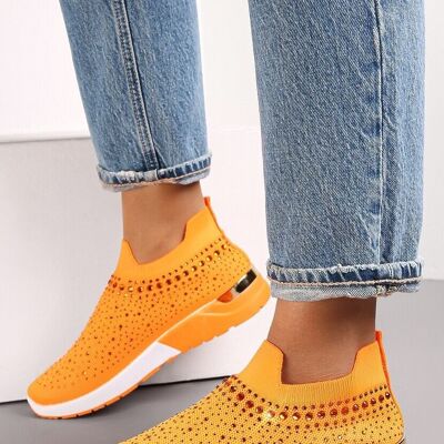 ORANGE DIAMANTE DETAIL SLIP ON TRAINERS SHOES