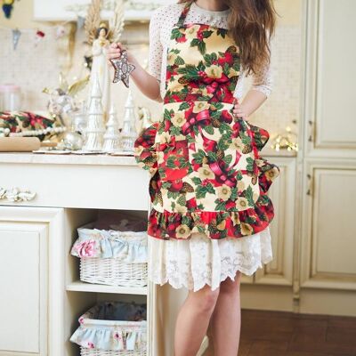 Ladies winter apron | Beige Christmas flowers
