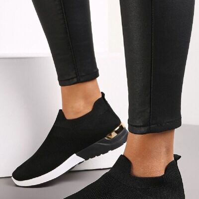 BLACK SLIP ON GOLD CLIP HEEL DETAIL TRAINERS SHOES