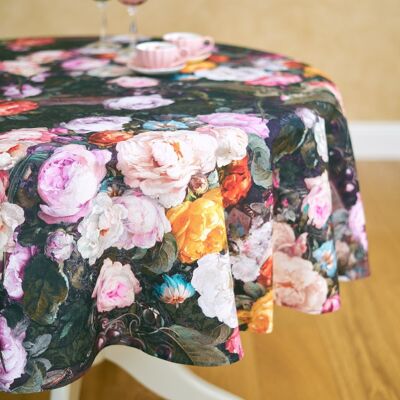 Round Tablecloth, Dark Floral 100% Cotton, Printed | Francine Black