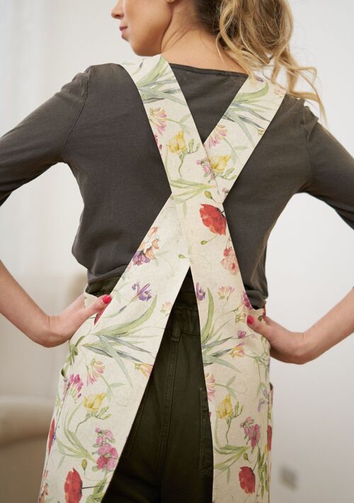 Ladies' Apron with Crossed Straps, Cotton-Linen Mix, Printed | Blossom