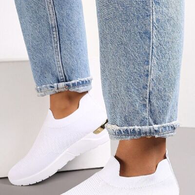 WHITE SLIP ON GOLD CLIP HEEL DETAIL TRAINERS SHOES