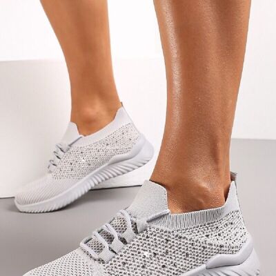 GREY DIAMANTE DETAIL LACE UP TRAINERS SHOES