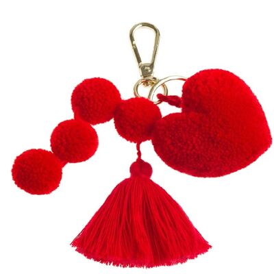 Heart and tassel pom pom keyring in red