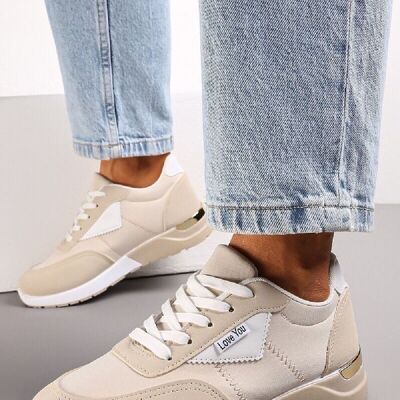 KHAKI BEIGE LACE UP FLAT GOLD HEEL CLIP DETAIL TRAINERS SNEAKERS
