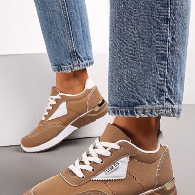 BROWN LACE UP FLAT GOLD HEEL CLIP DETAIL TRAINERS SNEAKERS